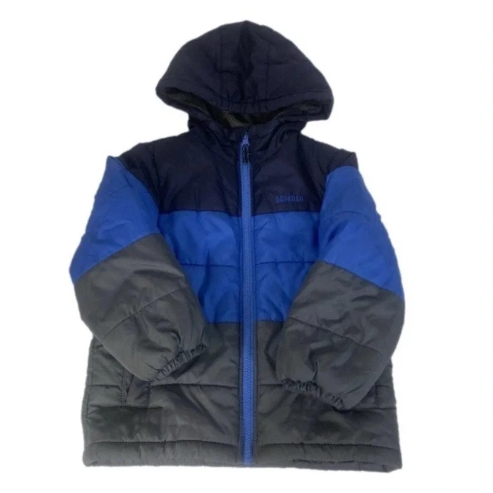 OshKosh B'gosh Puffer Jacket‎ Kids Size 5-6 Blue Gray Colorblock Hooded Coat